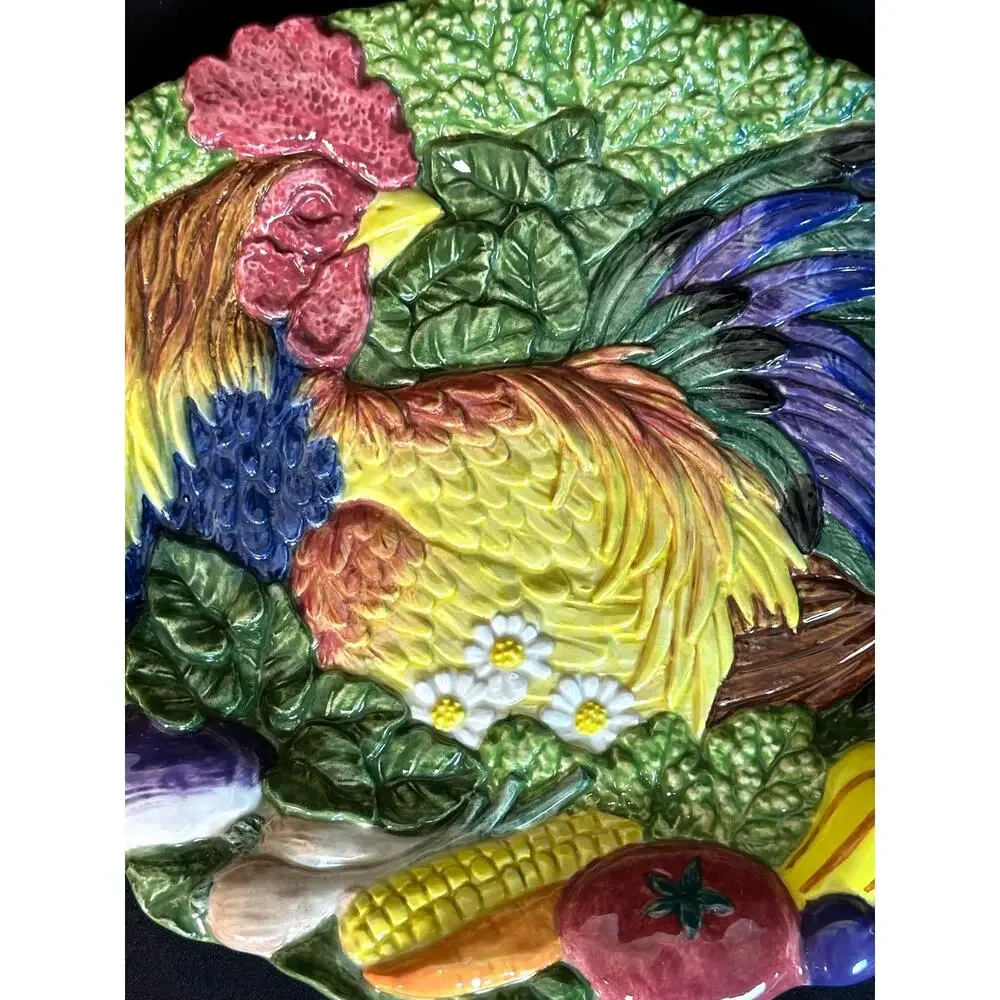 Fitz and Floyd 1996 Vibrant Colorful 'Coq du Village' Majolica Rooster Plate